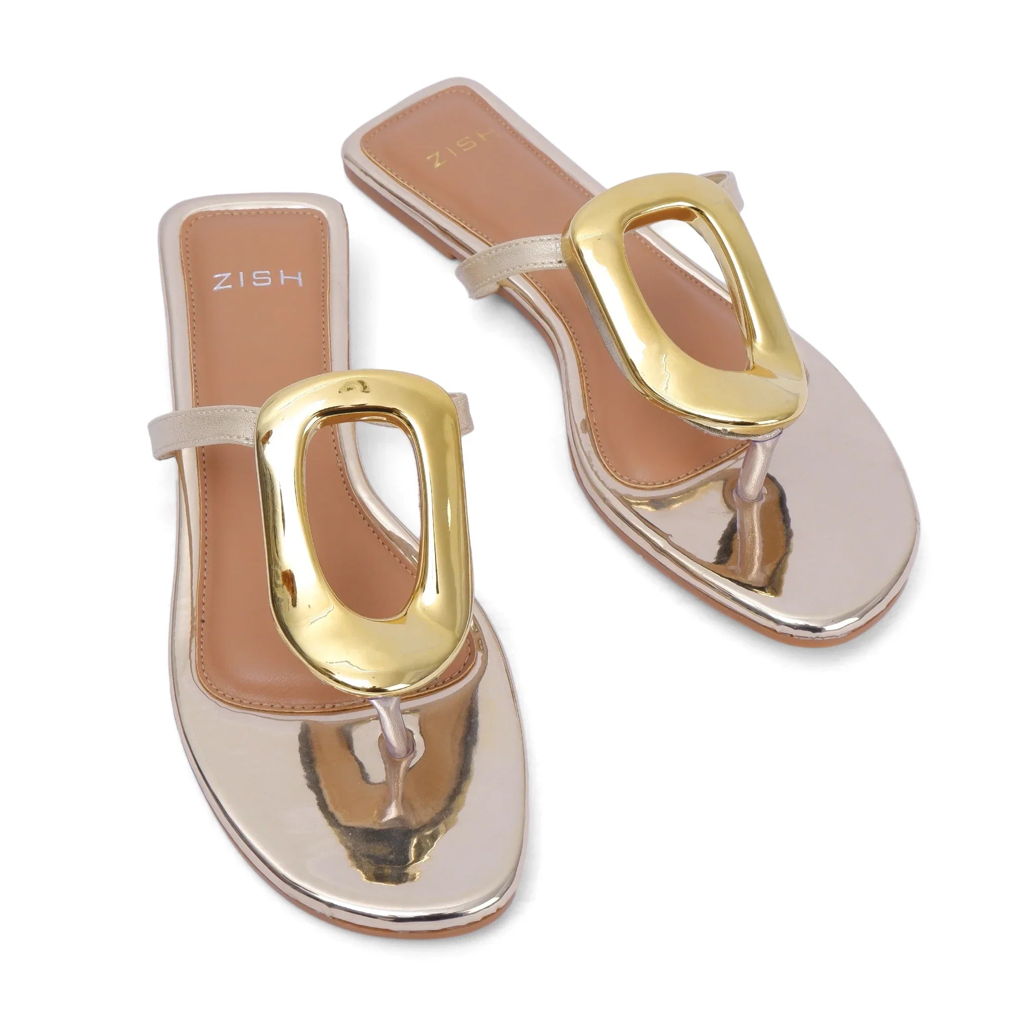 Gold Vegas Flats vegan PU leather open-toe flats with large gold buckle and PVC sole for casual wear