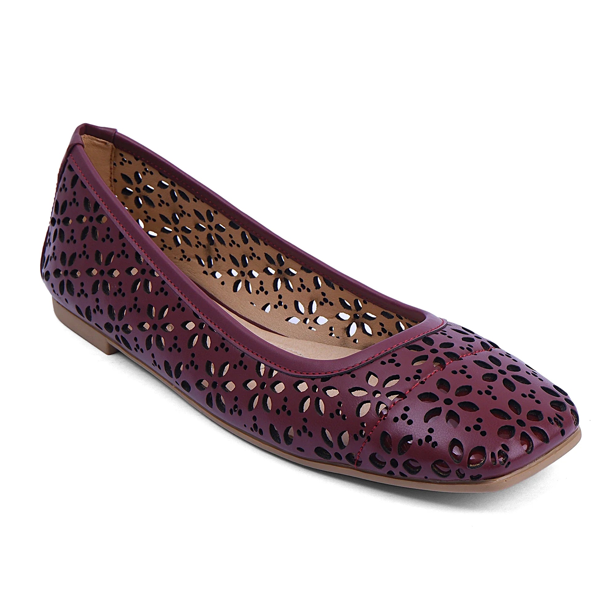 Maroon Charlotte leather shoe with laser-cut floral design and closed toe, lightweight silicone sole flat for casual wear