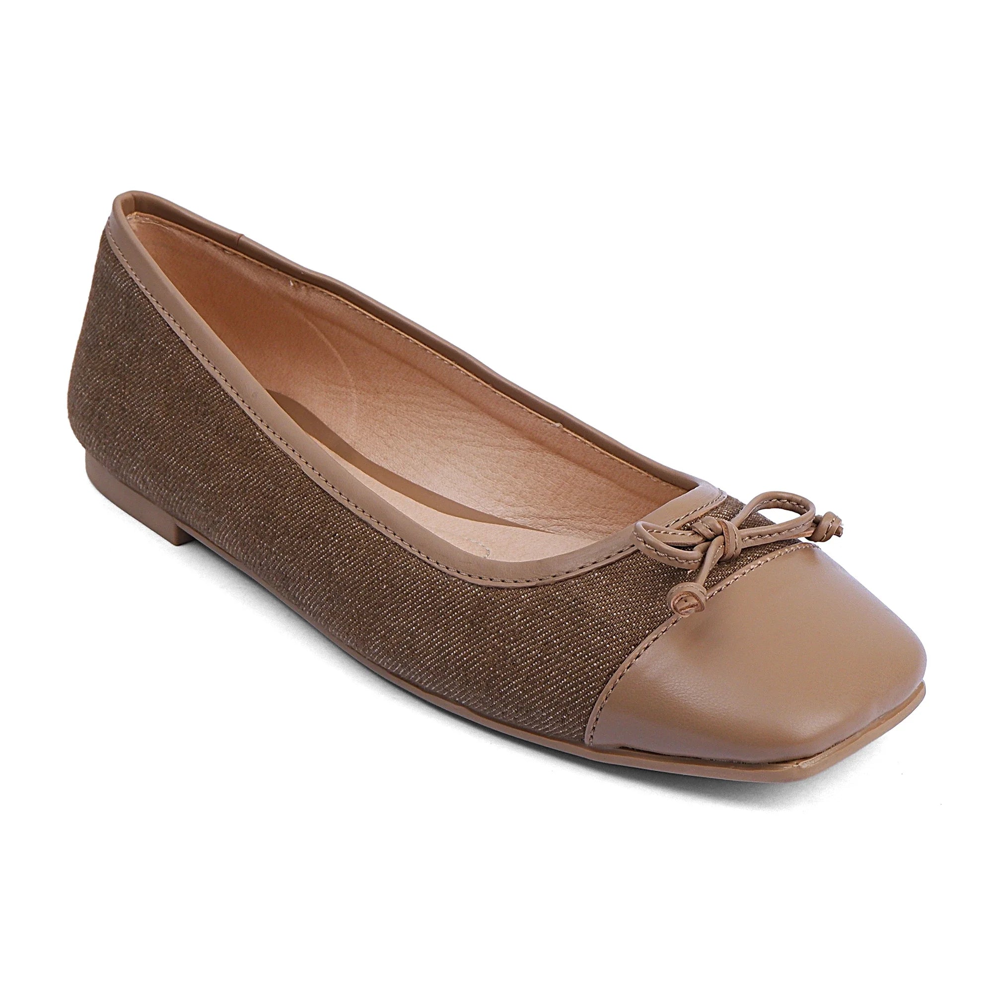 Charlotte your go-to casual closed-toe PU leather belly shoe with denim finish and silicone sole in beige
