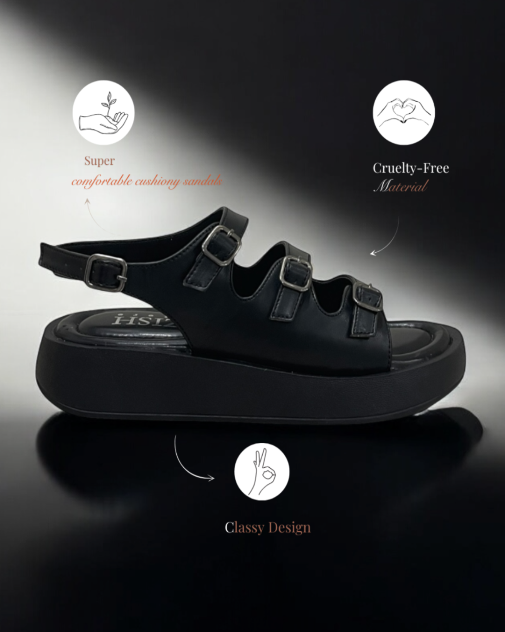 Black triple buckle sandals with cushioned footbed and adjustable straps in vegan leather for casual and office wear