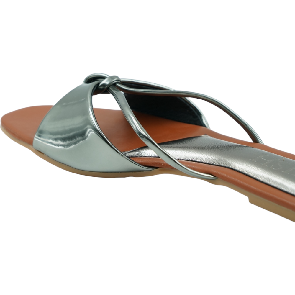 Gunmetal Carolina Flats with glossy mirror strap and brown footbed, flat open-toe vegan leather sandals for casual and formal wear
