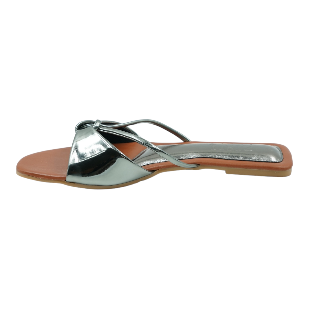 Gunmetal Carolina Flats with glossy mirror strap and brown footbed, open toe flat sandals in vegan leather.