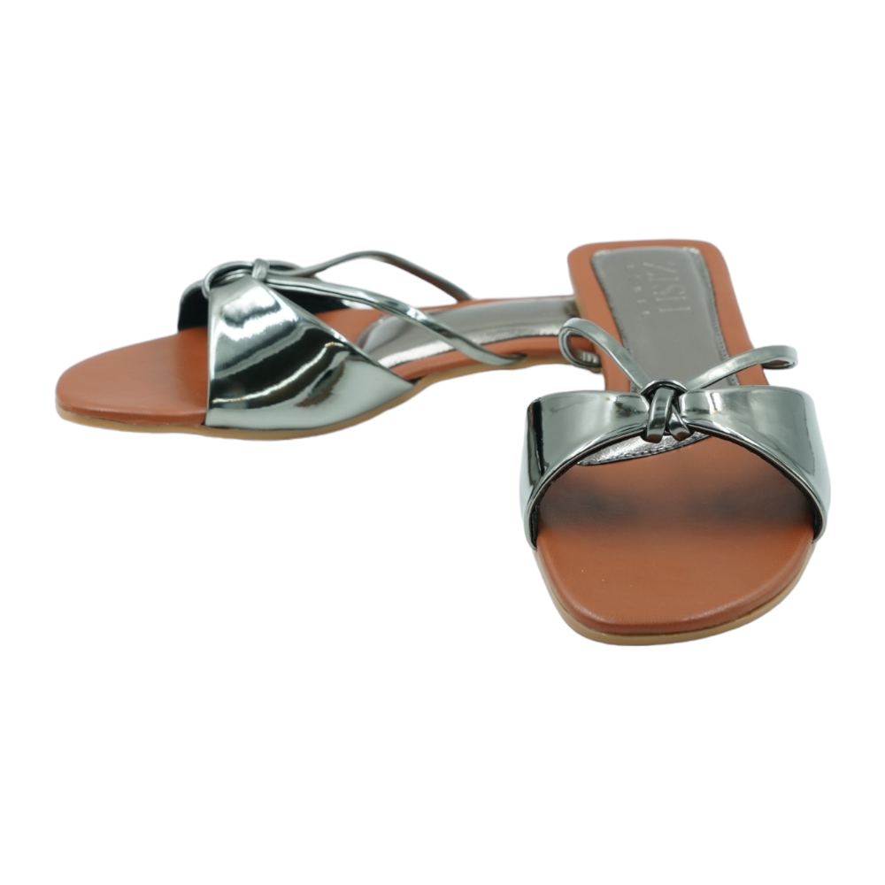 Gunmetal Carolina Flats with glossy mirror strap and brown footbed, open-toe flat sandals for casual and formal wear.