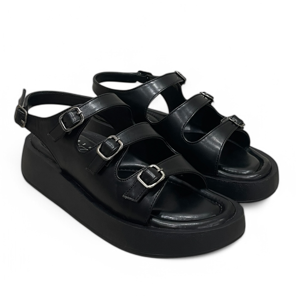 Black triple buckle sandals with three adjustable straps and cushioned sole for casual and semi-casual wear