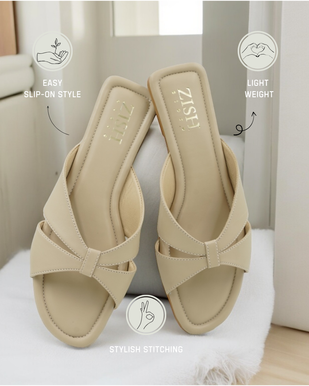 Beige Tokyo Flats with cross-strap design, cushioned insole, and lightweight slip-on style for versatile casual and formal wear.