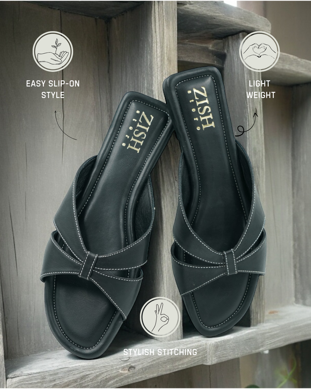 Black Tokyo Flats with cross-strap design, cushioned insole, and stylish stitching, lightweight and easy slip-on.