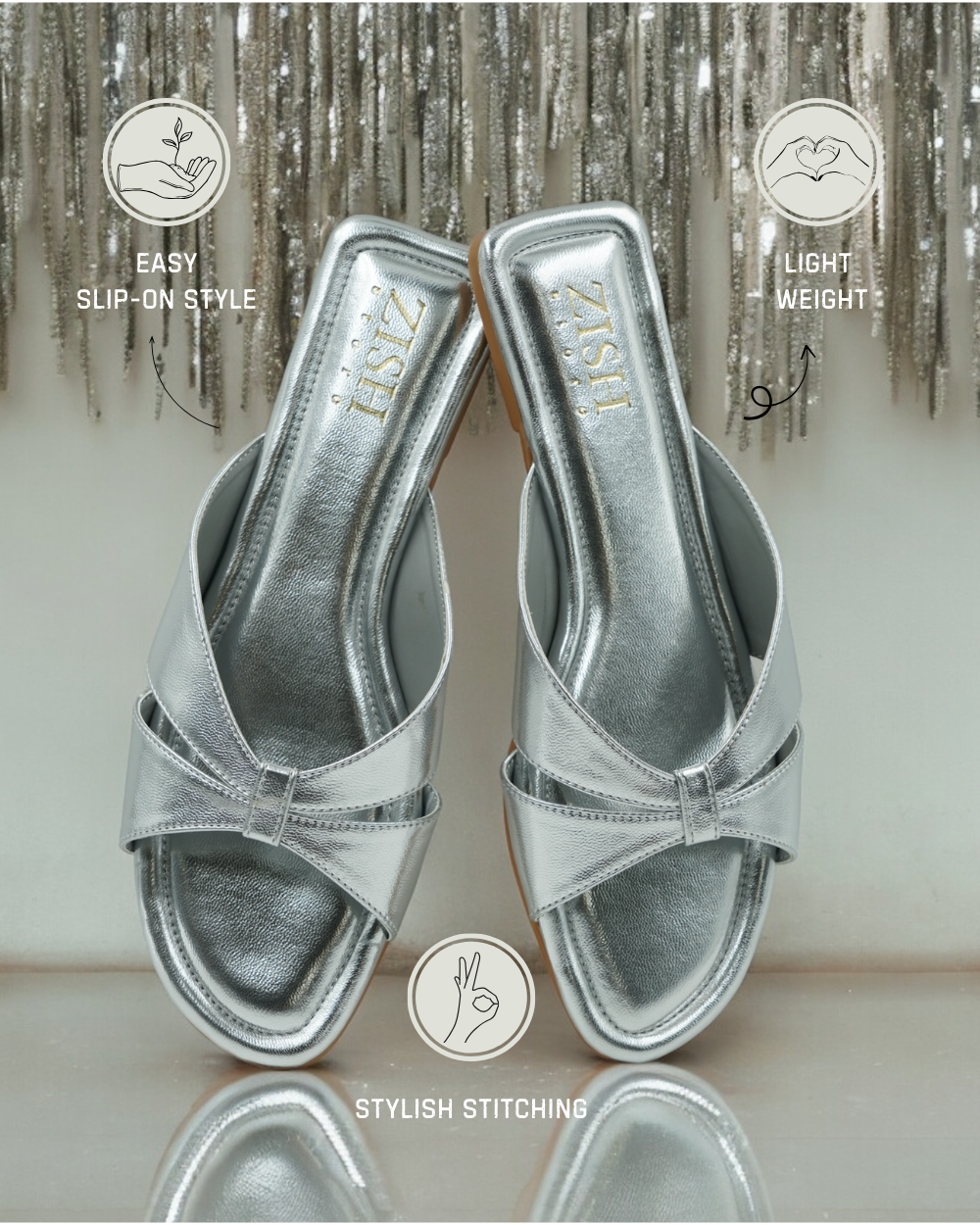 Silver Tokyo Flats with cross-strap design, easy slip-on style, lightweight, and stylish stitching in metallic silver vegan leather