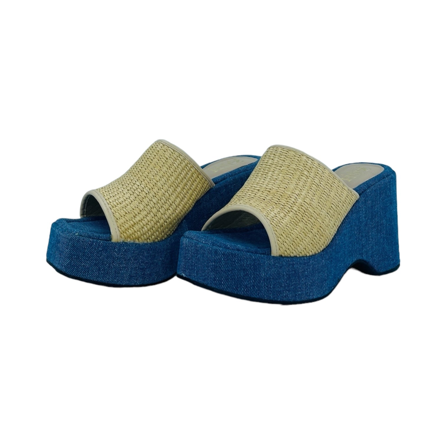 Blue Dune Dancer Slides with cane upper and denim platform heel, open toe, 3-inch heel height, casual and beachwear style