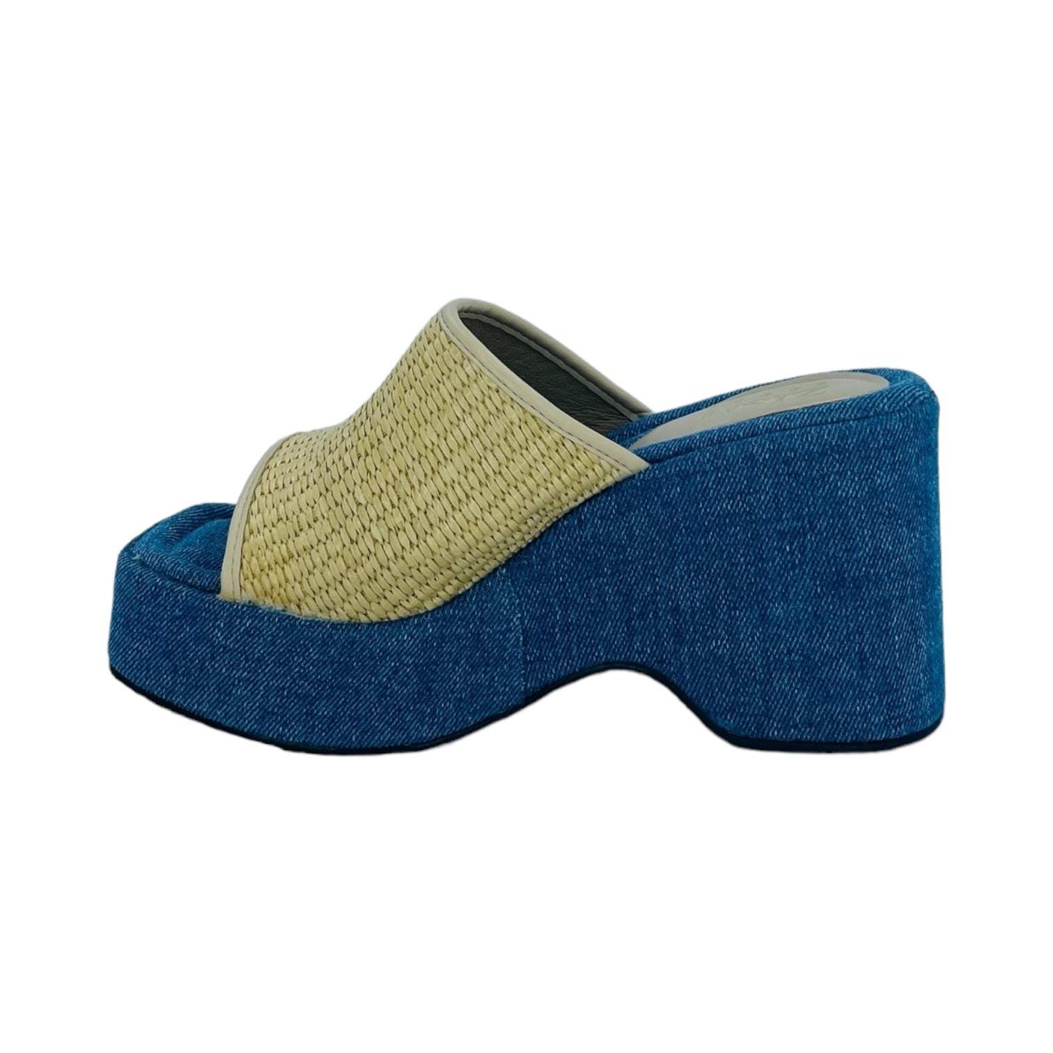 Blue Dune Dancer Slides with cane upper and denim platform heel, open toe, 3-inch heel height, semi-casual style.