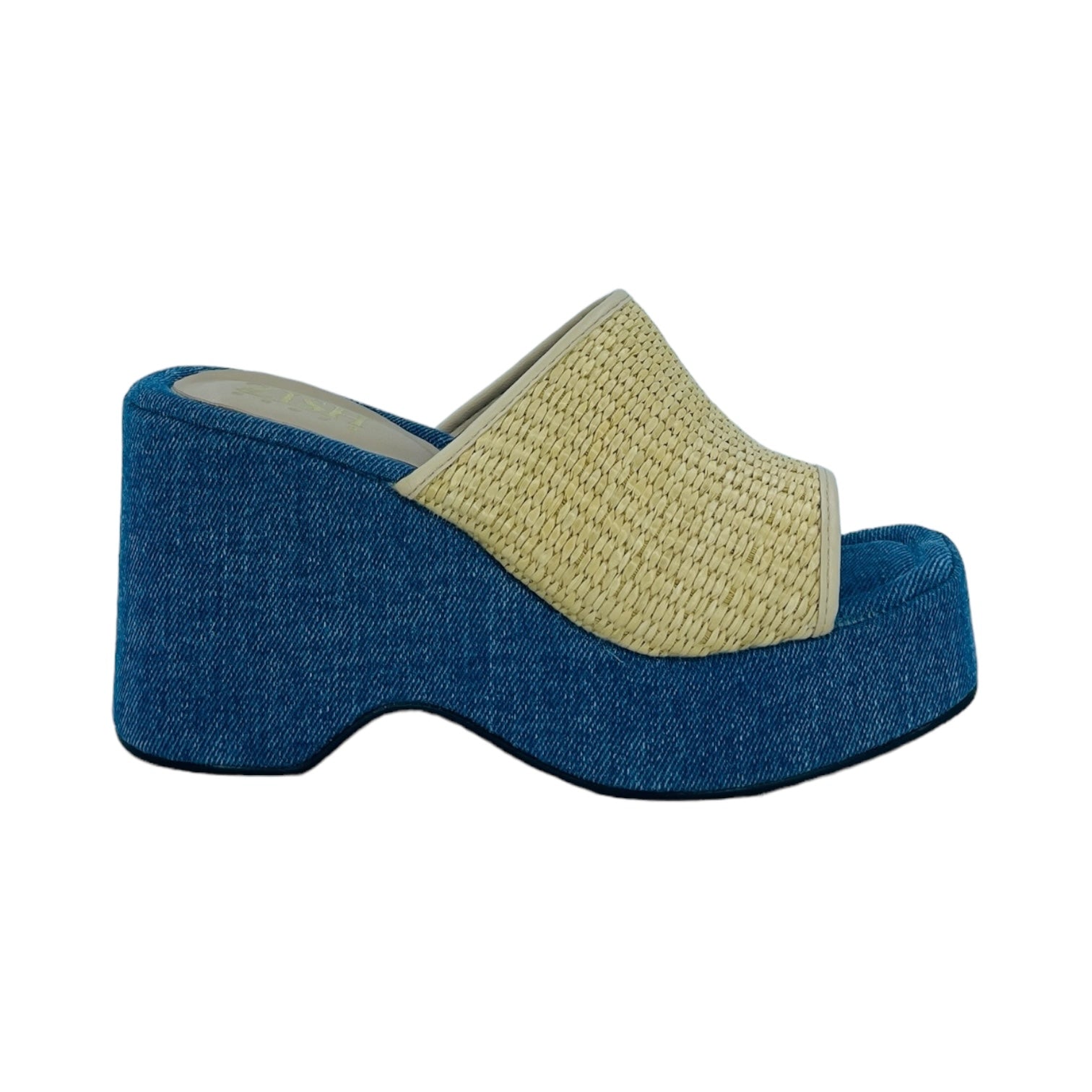 Blue Dune Dancer Slides with blue denim platform and beige cane upper, open-toe design, 3-inch heel height, casual and beachwear style.