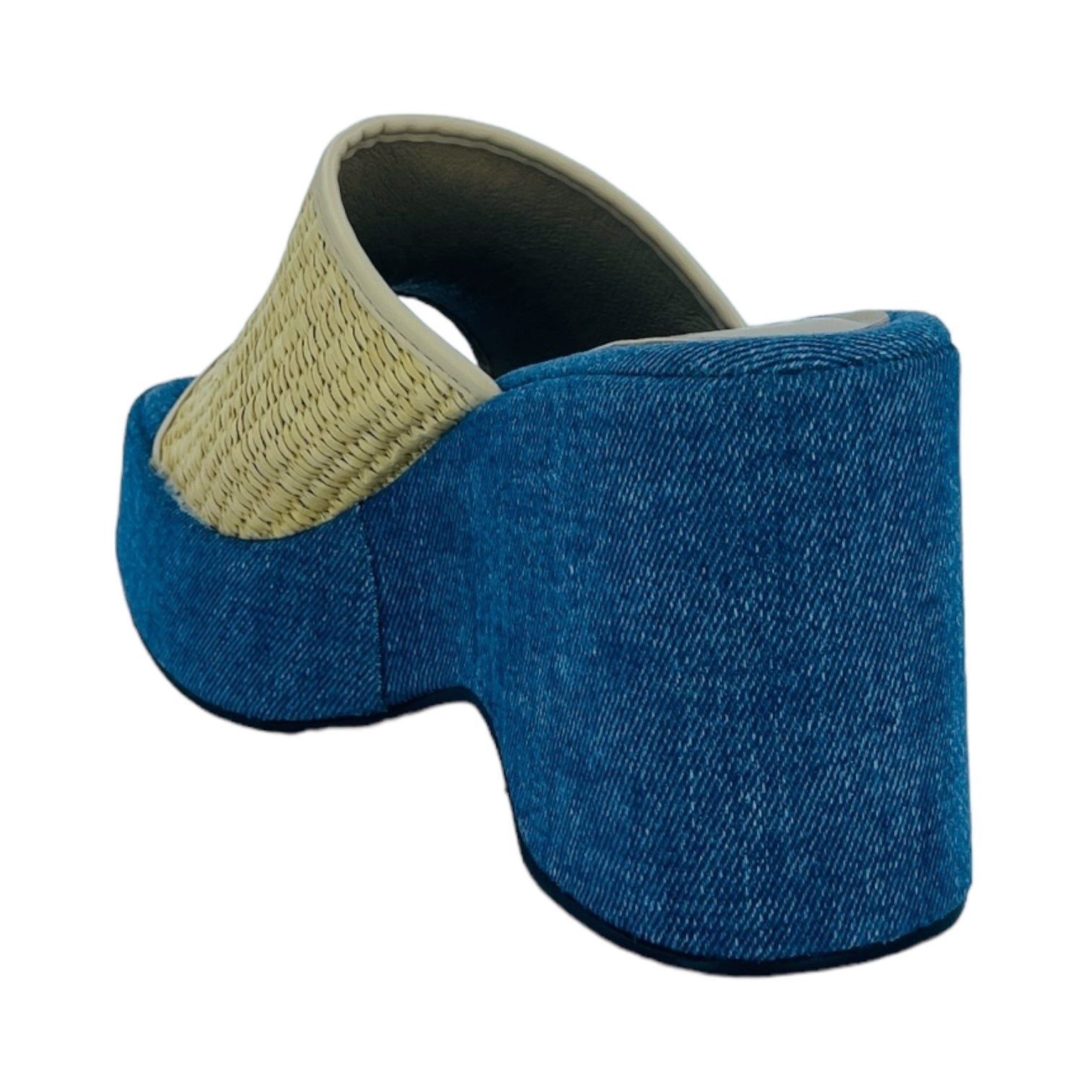 Blue Dune Dancer Slides featuring blue denim platform heel and beige cane upper with open toe design